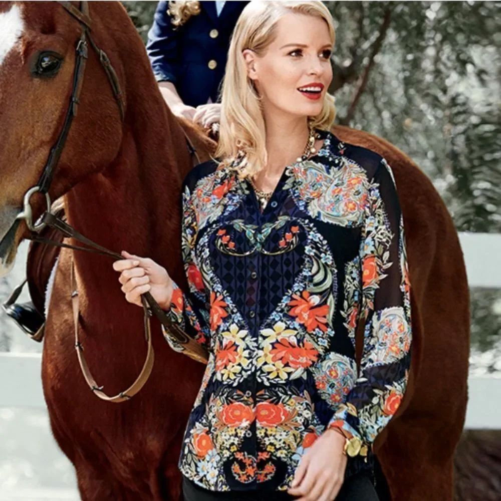 Cabi 3072 Black Colorful Floral Semi Sheer Button Up Tunic Blouse